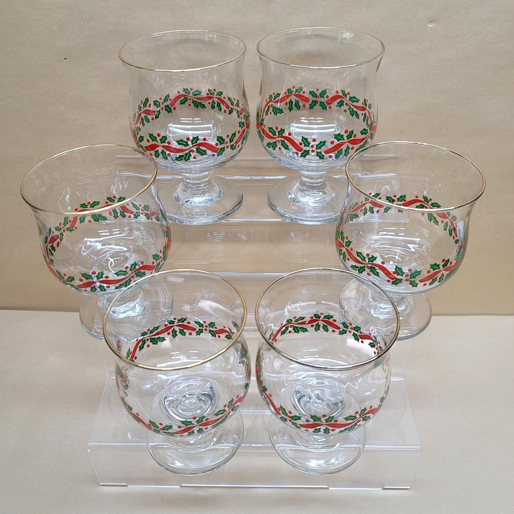 Set of 6 Libbey Christmas Holly Ribbon Gold Rim Stemmed Dessert/Coupe Glasses